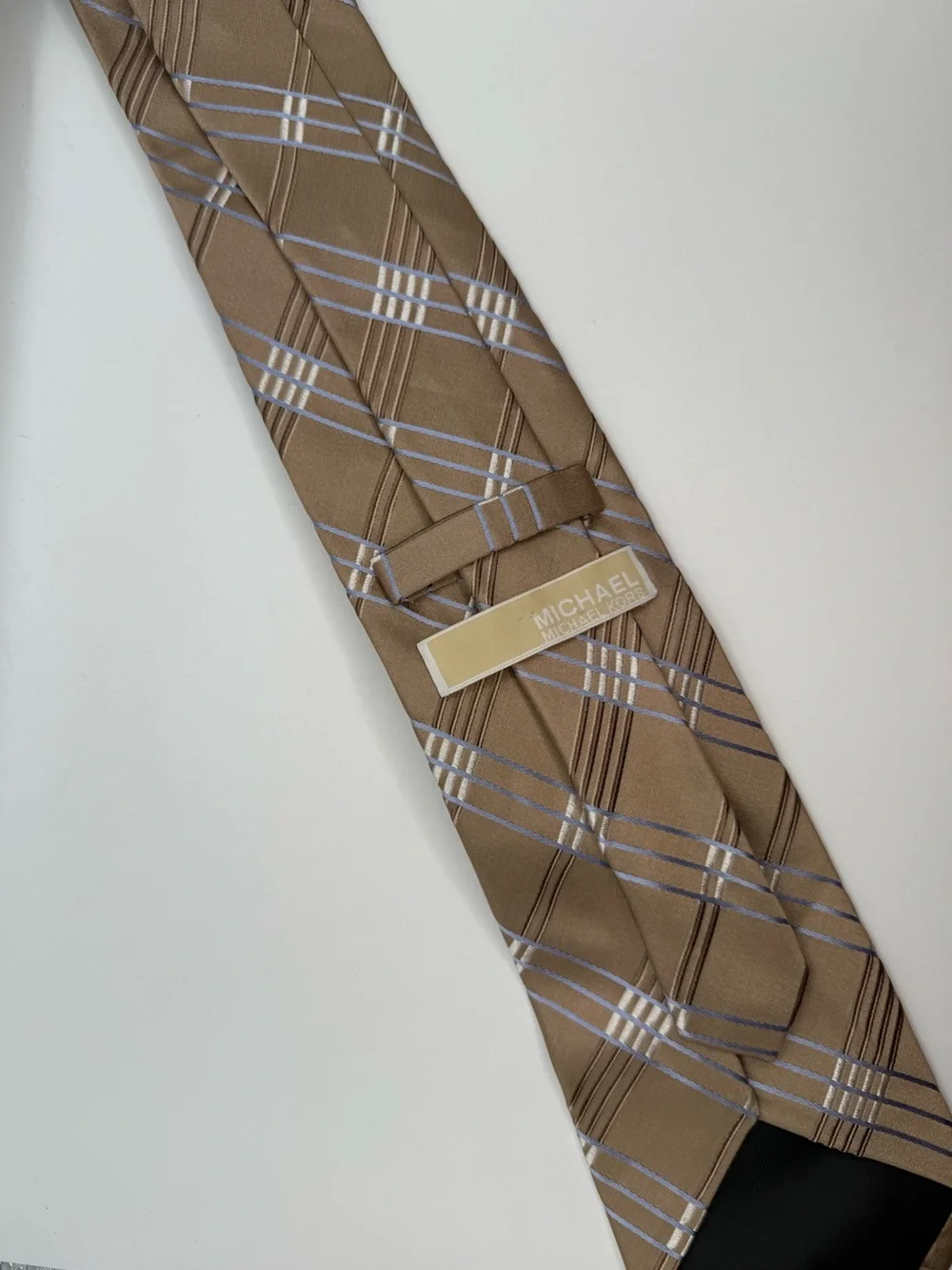 Michael Kors Mens Silk Necktie Taupe Brown Blue Plaid Check Satin Tie
